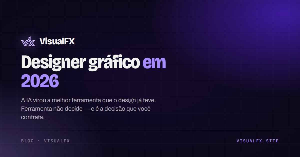 Cartão da VisualFX com o título Designer gráfico em 2026 sobre fundo violeta escuro